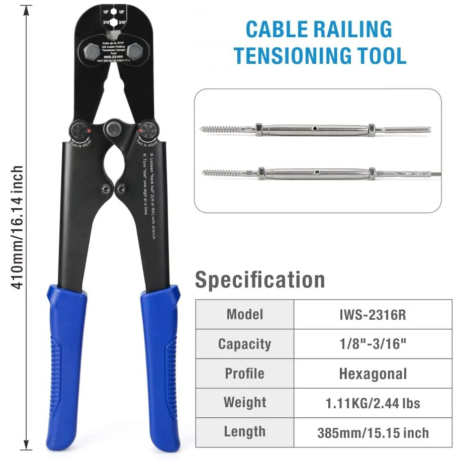 IWISS IWS-2316R Crimping Plier Heavy Duty Cable Railing Deck Swage Tool 1/8to 3/16 inch Stainless Steel Wire Rope Tensioners