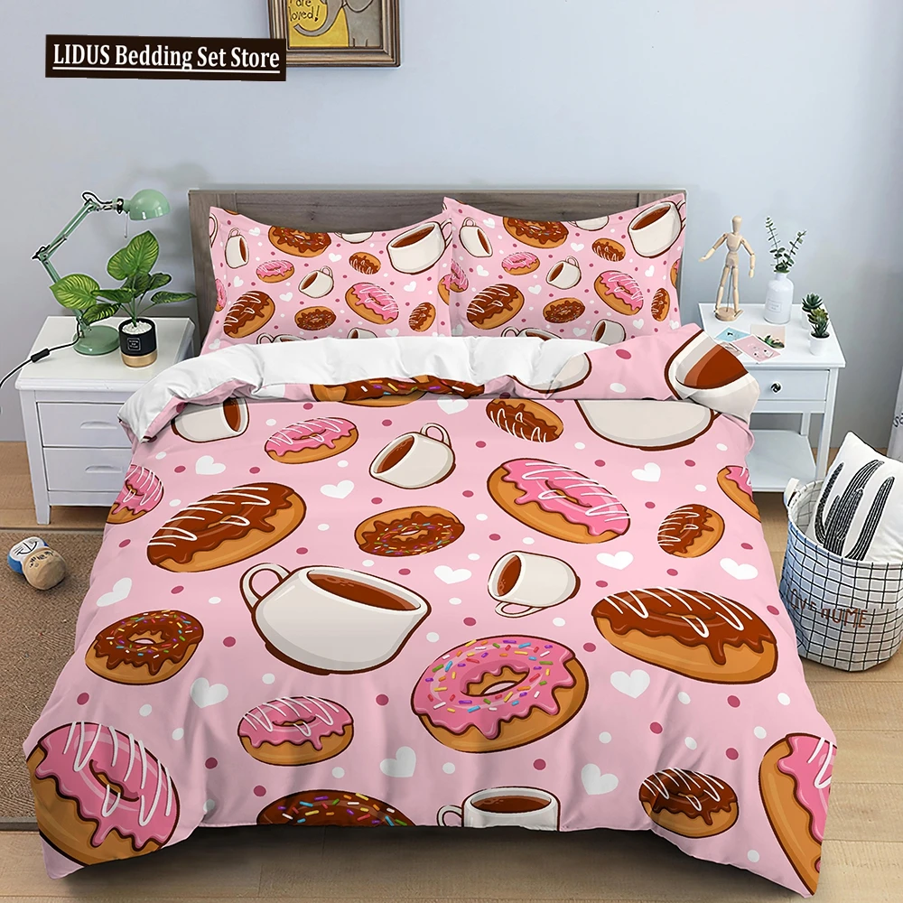 

Snack Duvet Cover Set Coffee Bread Donut Pattern Pink Polyester Comforter Cover For Kids Adult Teen Bedding Set Queen King Size