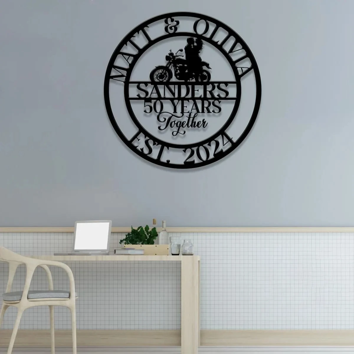 Papan Logam Kustom 50 Tahun Bersama Pasangan Pengendara Motor, Seni Dinding Pengendara Motor yang Dipersonalisasi, Hadiah Ulang Tahun Pernikahan atau Pernikahan