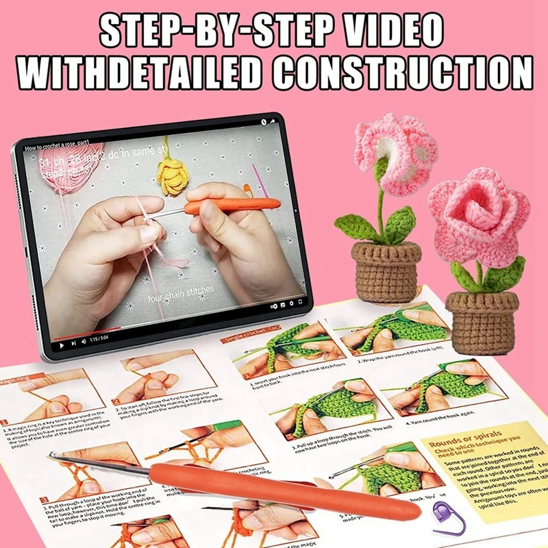 Beginner Crochet Set Kit -6 Pcs Easy Crochet Flower Set For Adult With Step By Step Video Tutorial Potted Plants For Home Decor