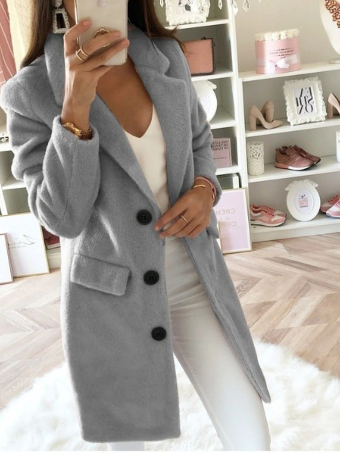 Elegant Ladies Lapel Collar Button Front Fuzzy Mid Coat Loose Fit Fashion Office Commuter Winter Jacket
