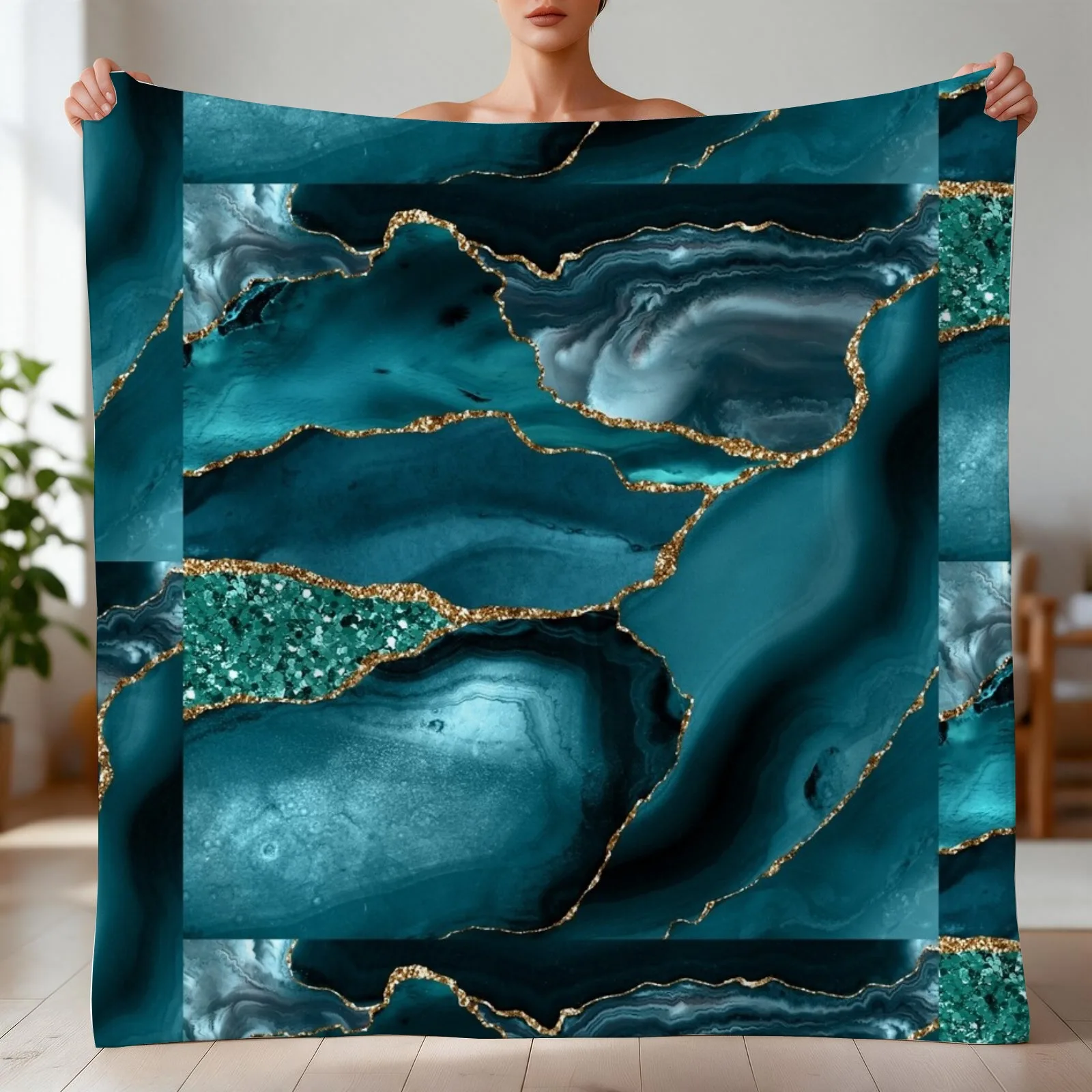 Abstract Teal Blue and Gold Glitter Modern Geode Agate Design Throw Blanket Decorative Sofas Flannel Flannel Fabric Blankets