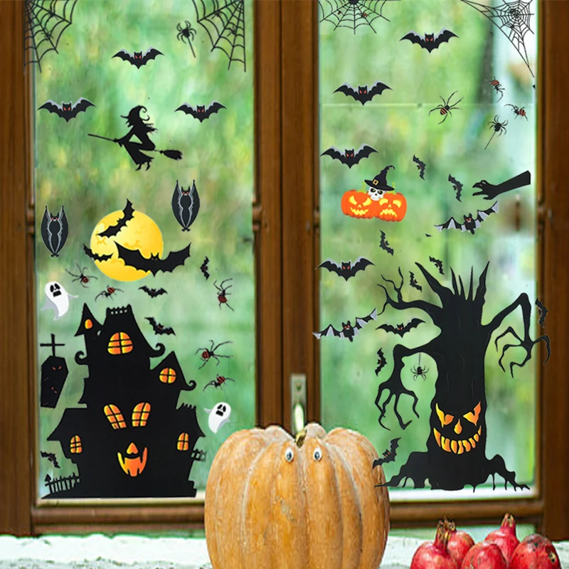 Halloween Pompoen Raamstickers Vleermuis Spookboom Glazen Sticker Happy Halloween Feestdecoratie Pvc Elektrostatische Stickers