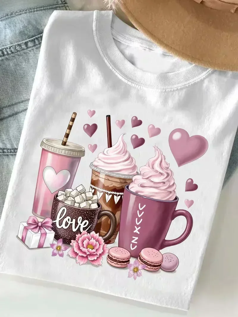 Pink Coffee & Sweet Dessert Print T Shirt Men Women Casual Loose Streetwear Daily Wear Durable All Seasons Leisure Tops