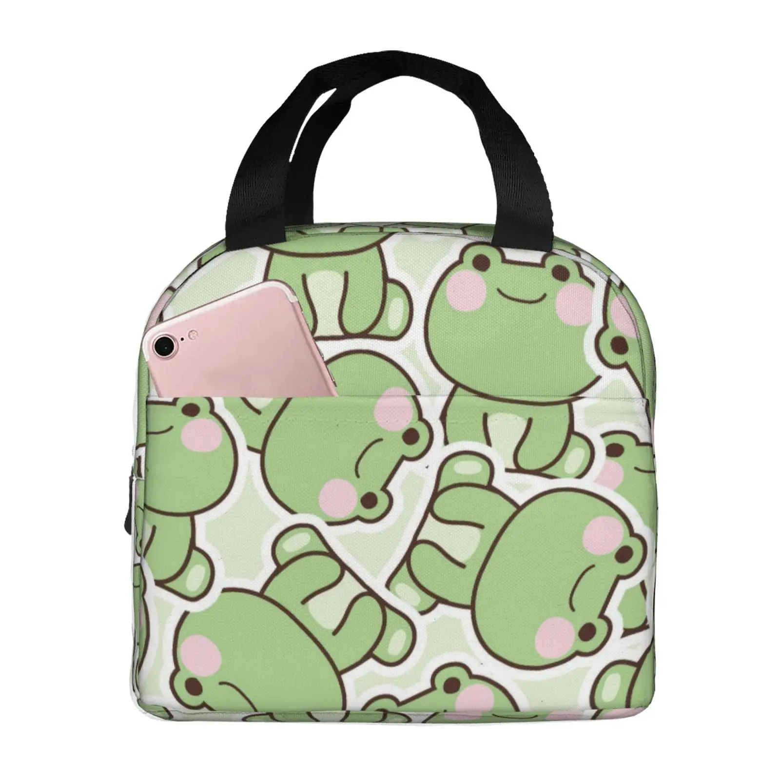 Cute Cartoon Frog Sticker Print Insulated Lunch Bag, Portable Thermal Cooler Handbag for Work Picnic Travel