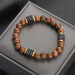 New Ethnic Wood Beaded Bracelet Men Jewelry Handmade Charm Bracelet Square Volcanic Stone Tibetan Buddha Meditation