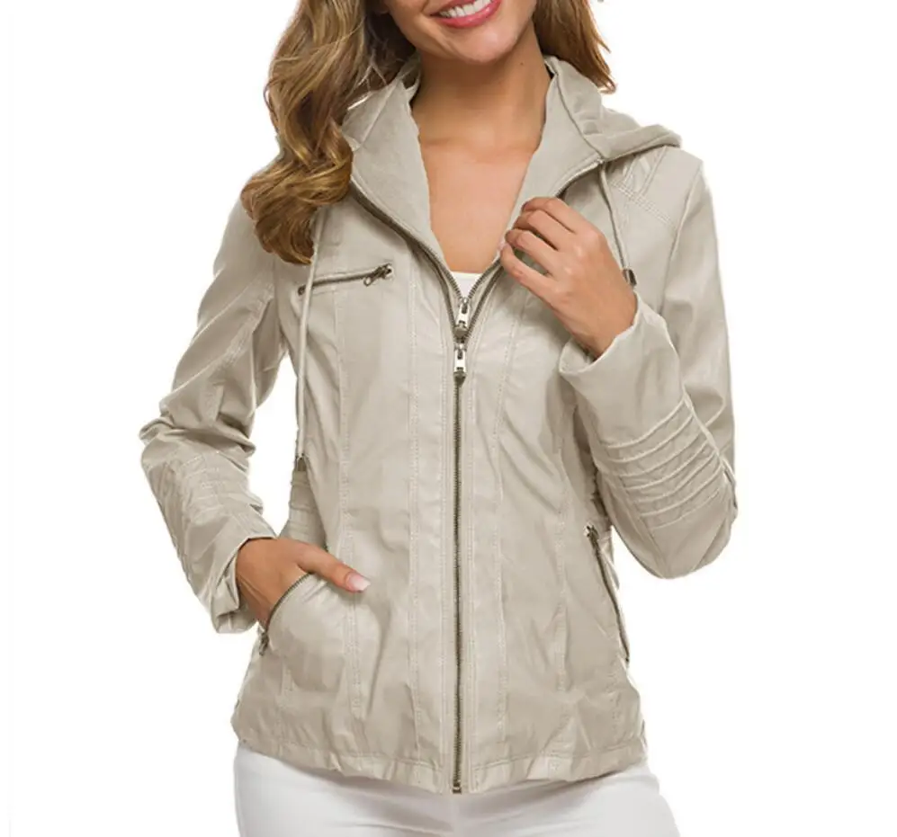 Women PU Leather Jacket Front Zipper Full Sleeve Slim Waist Casual Coat Outwear Autumn Removable Hat Hooded