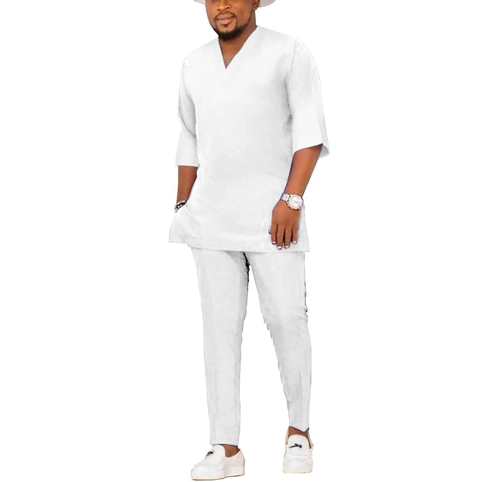 

African Men Set Half Sleeve Shirt and Pant 2 Piece Set Loose Contracted Casual Tracksuit