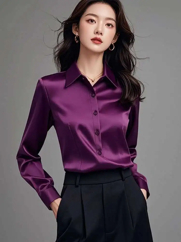 

Elegant Silk Office Shirts Women Korean Fashion Y2k Clothes Slim Long Sleeve White Black Blusas Mujer Workwear Tops Blouses LS84