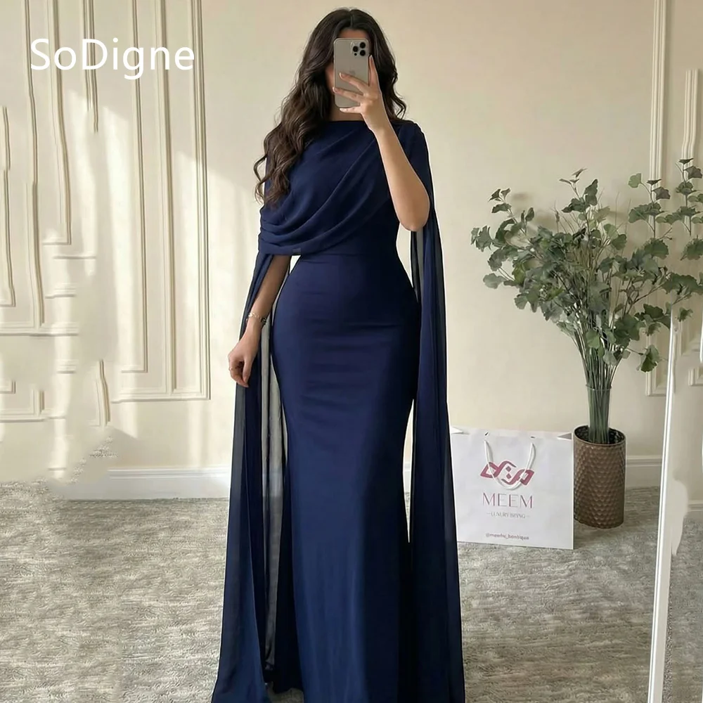 

SoDigne Elegant Blue Evening Dresses Pleats O-Neck Party Dress Simple Sheath Mermaid Prom Gowns Customized