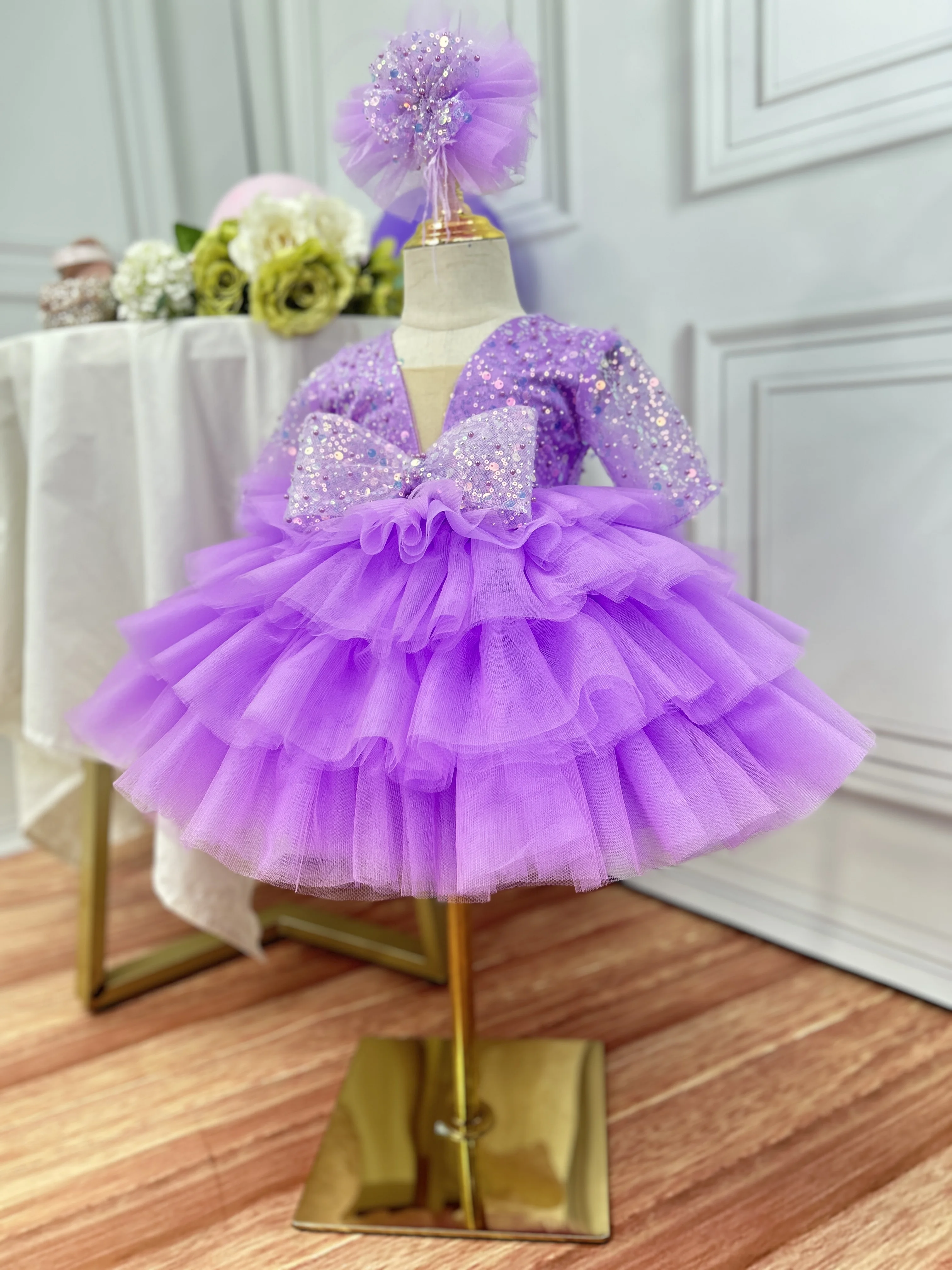 Light luxury girl dragging high -end wine party evening dress flower girl wedding lace puff cake skirt special occasion girl dre