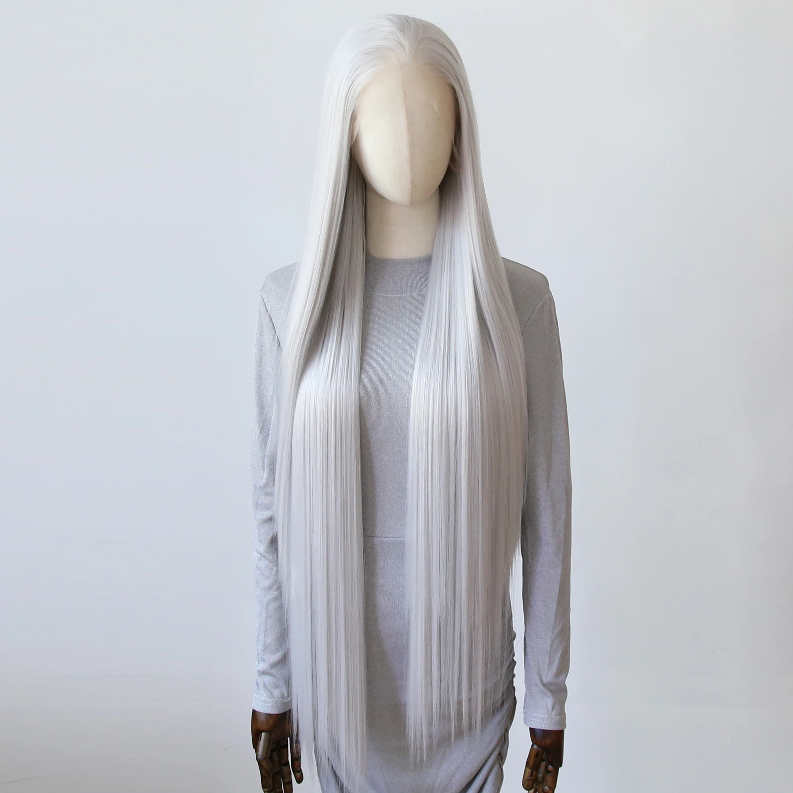 Sliver White Synthetic Lace Front Wig 40inch Long Straight Wig Light Grey Lace Front Synthetic Wig Pre Plucked Natural Hairline
