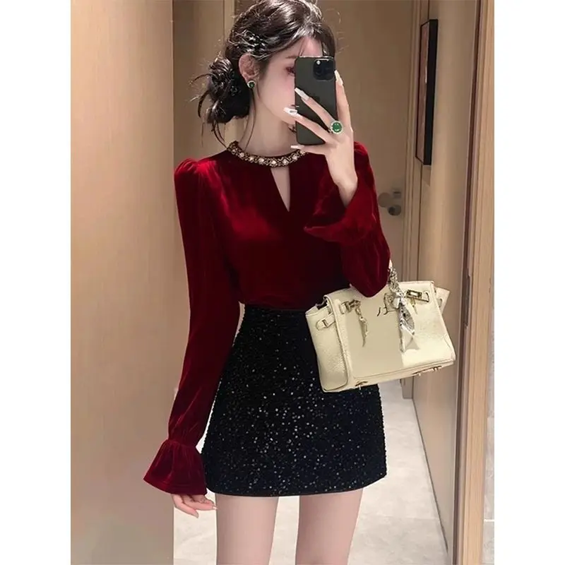 New French Luxury Elegant Women's Two Piece Set Velvet Hollow Out Beading Long Sleeve Top + Sequined Mini Skirt Party Suit