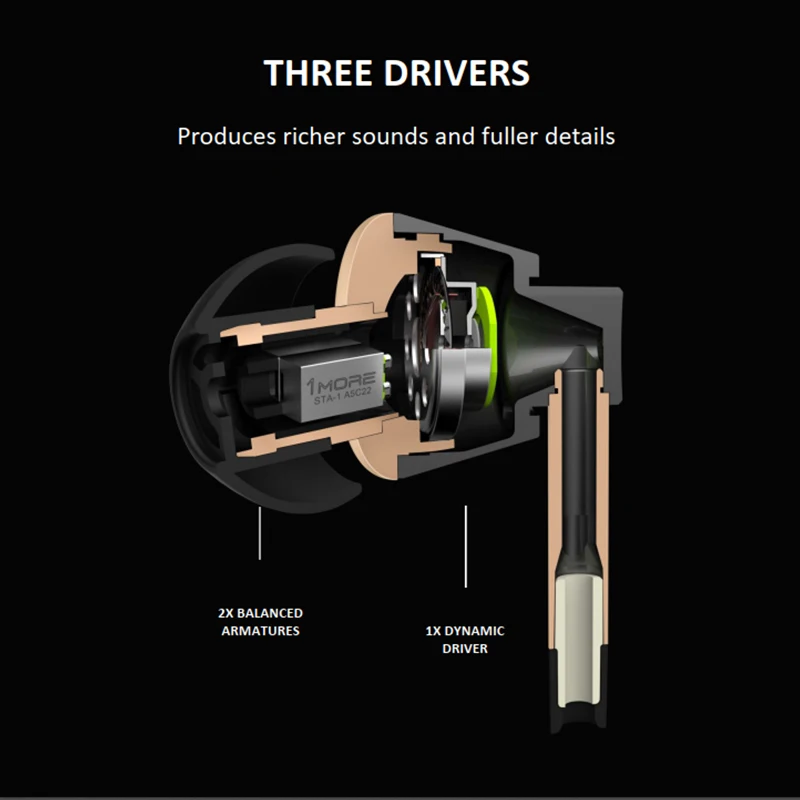 1MORE Triple Driver E1001 In-Ear Wired earphones 3.5mm Headphones with High Resolution  Bass Driven Sound Type c headphones