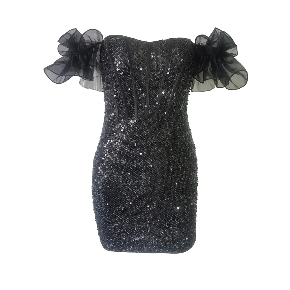 Women Off Shoulder Sequin Dress Sexy Shiny Black Bodycon Dress Party Club Dress Slim Lace-up Mini Dress