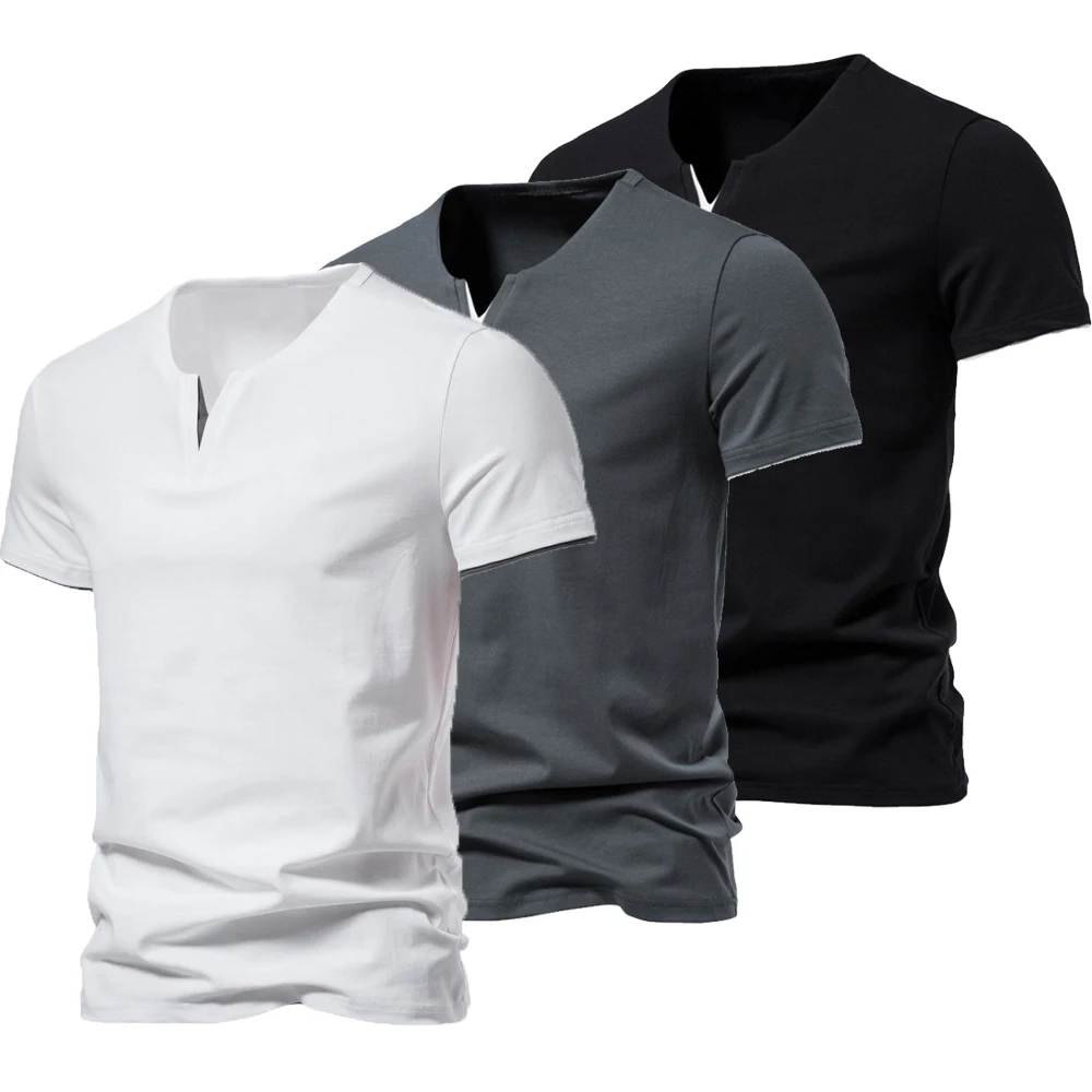 Henley – T-shirt à manches courtes pour hommes, col en v, décontracté, coupe cintrée, basique, ample, Fitness, sport, haut respirant, été