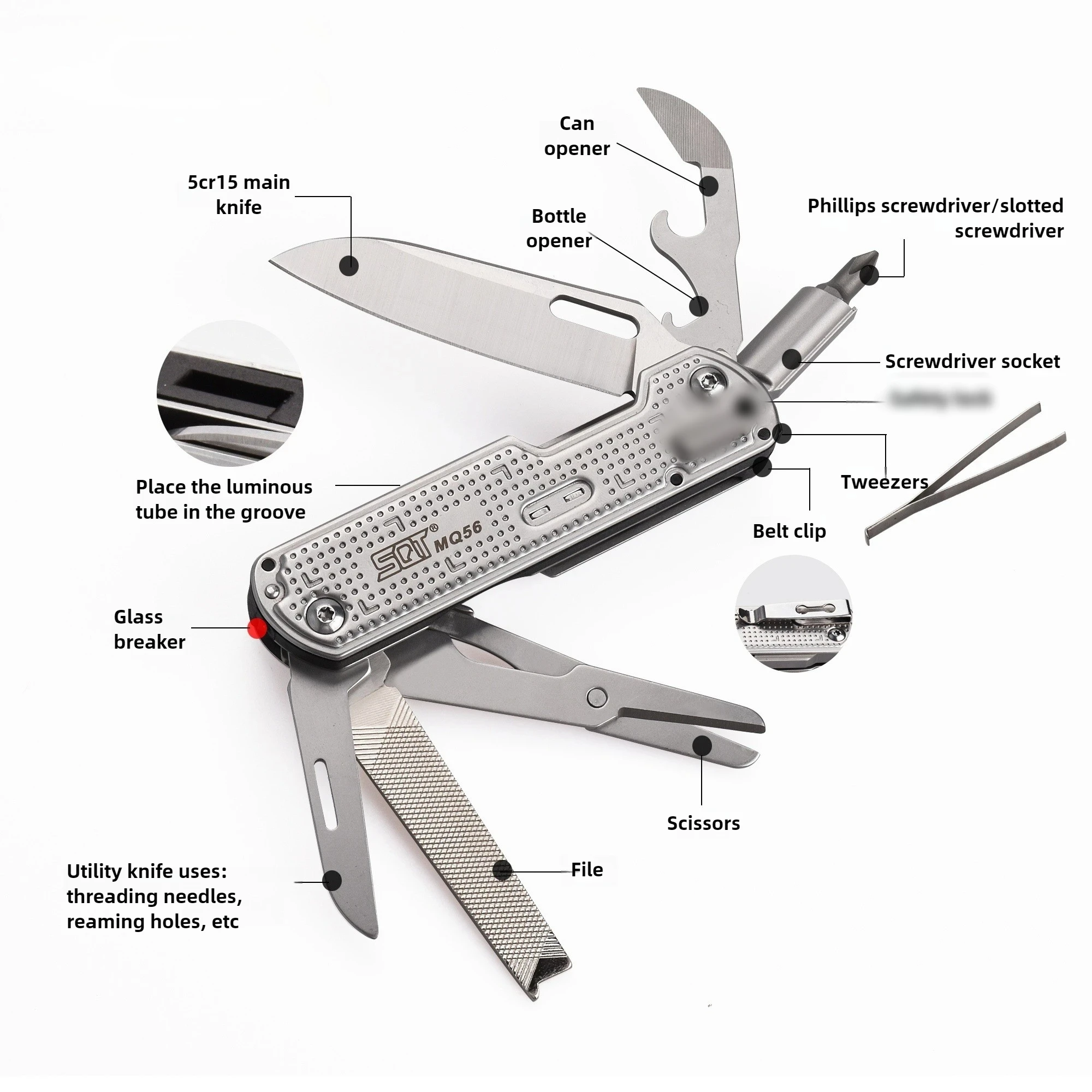 SQT MQ56 10-IN-1 Multi-Tool Combination EDC Folding Glass Breaker Bottle Opener Screwdriver Outdoor Equipment Scissors Gift