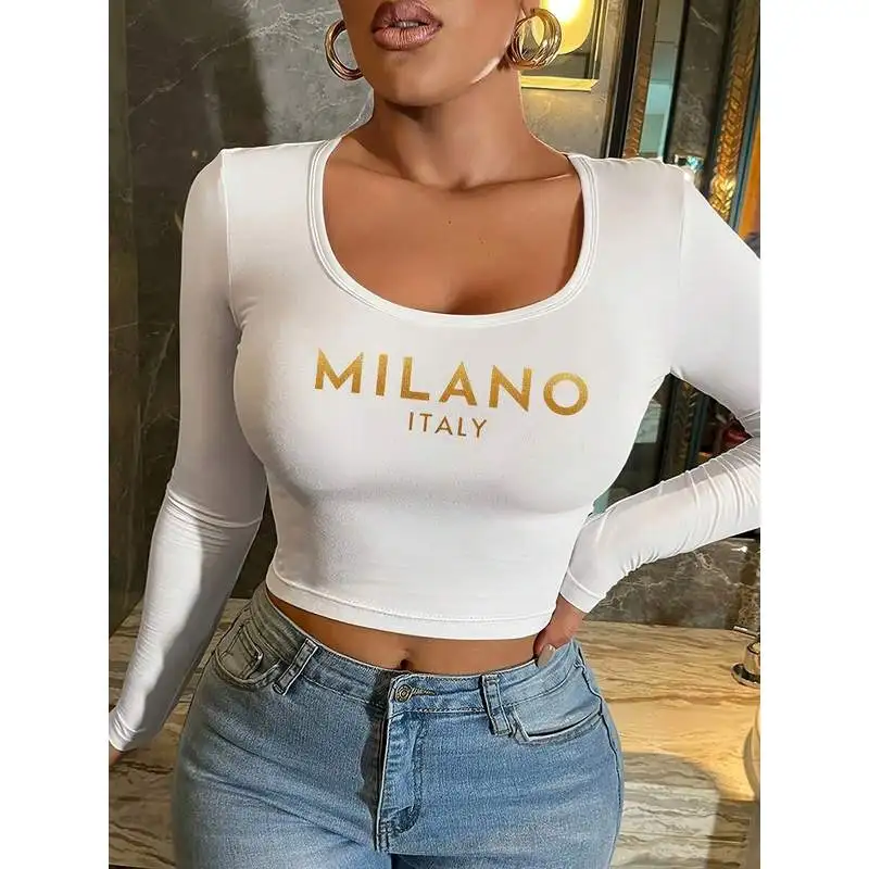 Women's Italian Milan Letter Print U-Neck Long Sleeve Crop Top, Versatile All-Season Casual Tee for Women