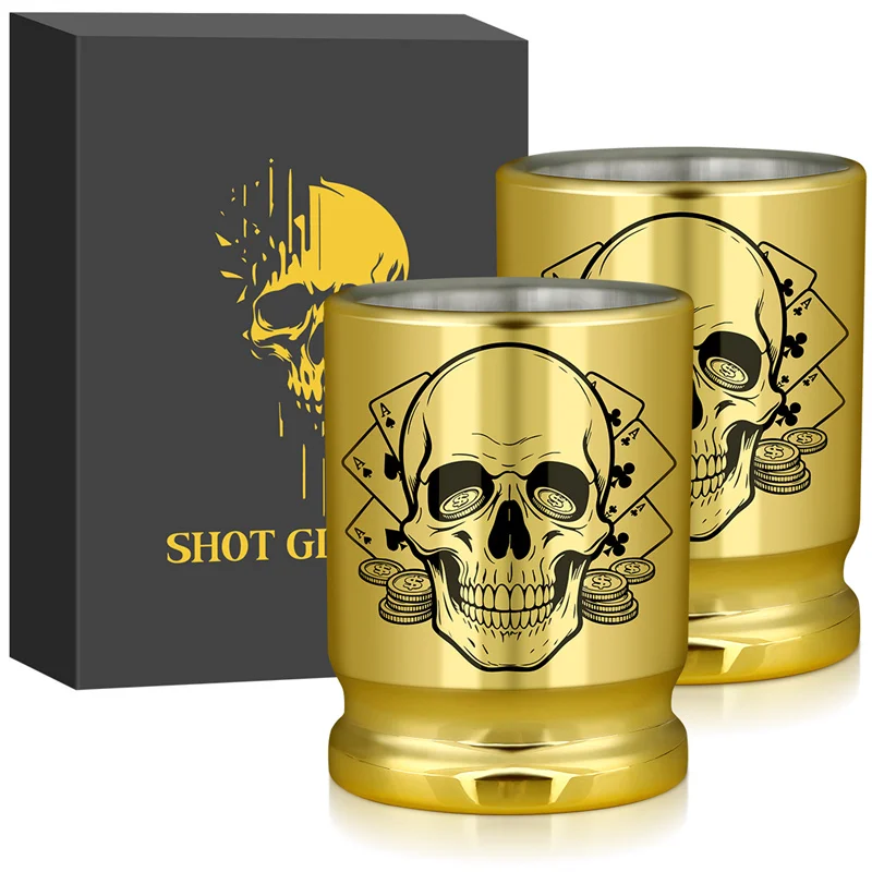 50 Caliber Bullet Shot Cups for Whiskey Tequila Skull Poker Pattern Shot Glasses Set for Bar Wedding Favor Halloween Gift