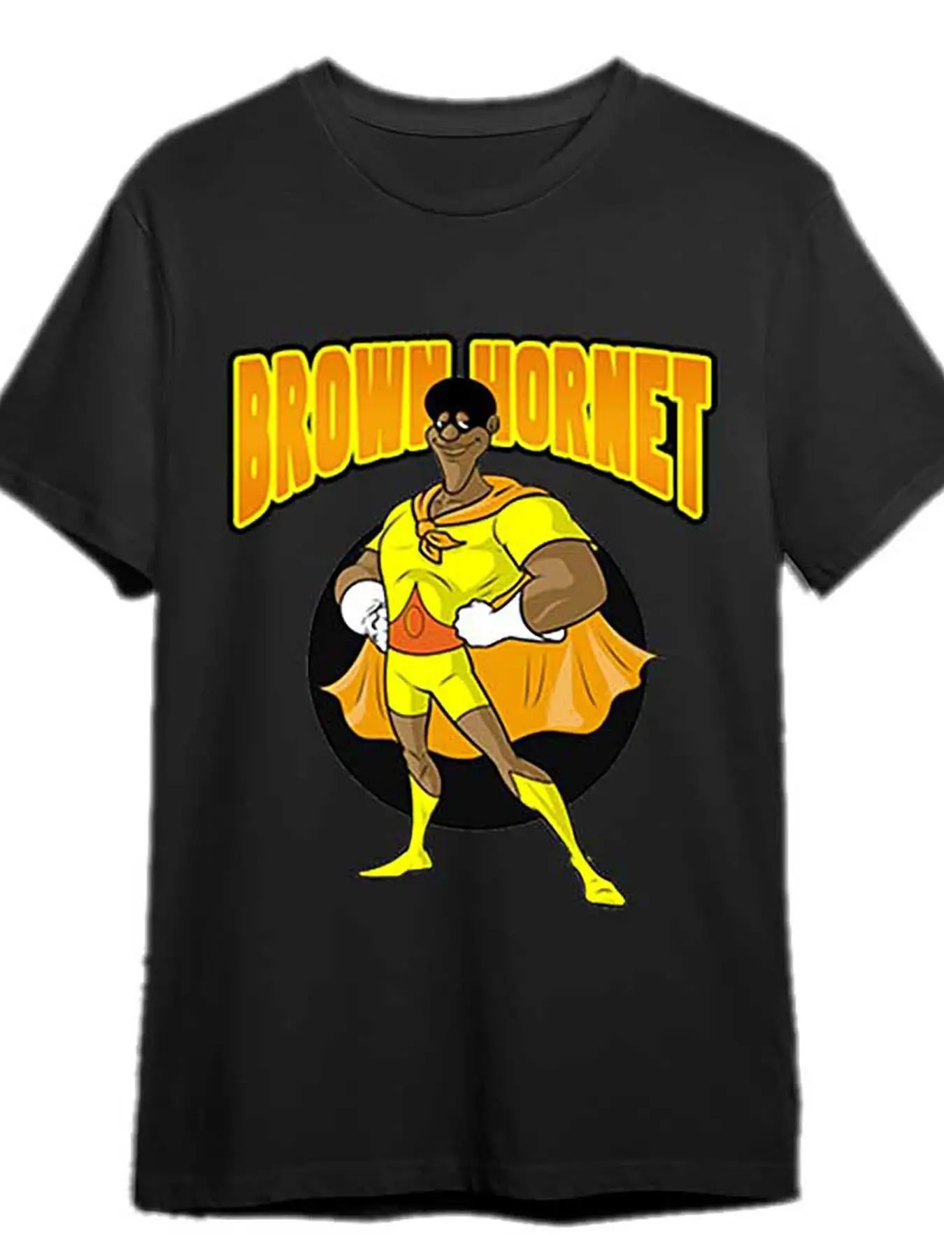 Men's Plus Size Brown et Superhero T-Shirt - Bold Cartoon Design with Yellow and Red Emblem, Confident Pose and Striking Graphics on Black Background