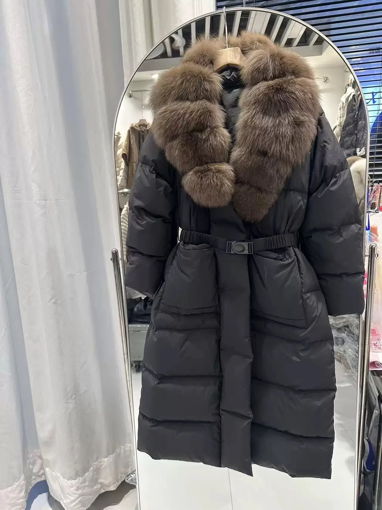 ياقة من الفرو أسفل Jaet ملابس خارجية طويلة دافئة للشتاء Faion Commute Sle White Du Down Filling #3