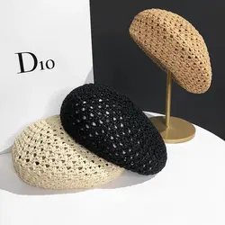 女性のための手作りのかぎ針編みの帽子、中空アウト、甘い花の織り、ヴィンテージのずんぐりした画家の帽子、無地、女性のためのレジャーファッション