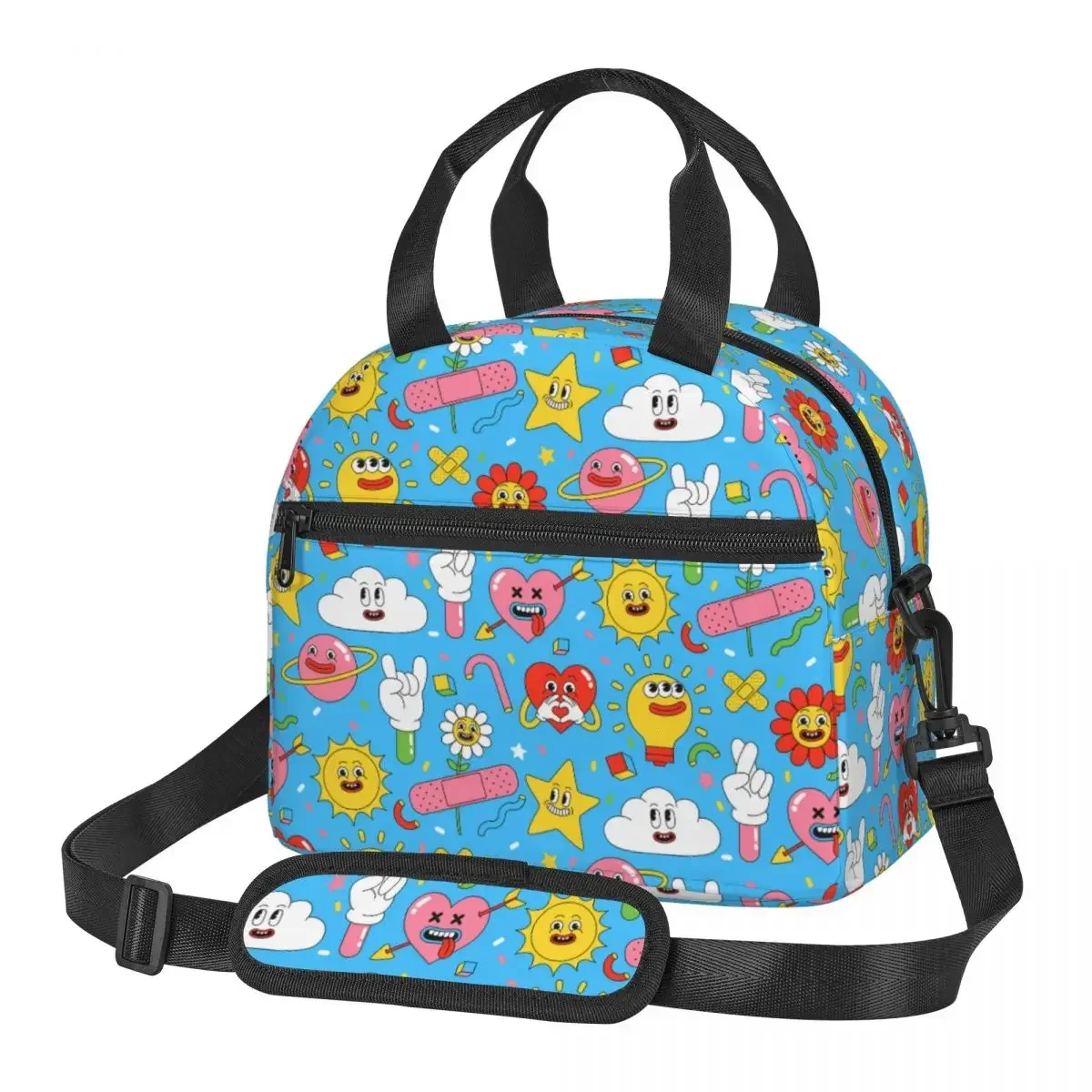 Cartoon Comic Heart Planet Accessories Large Insulated Lunch Bags With Adjustable Shoulder Strap Funny Thermal Cooler  Box