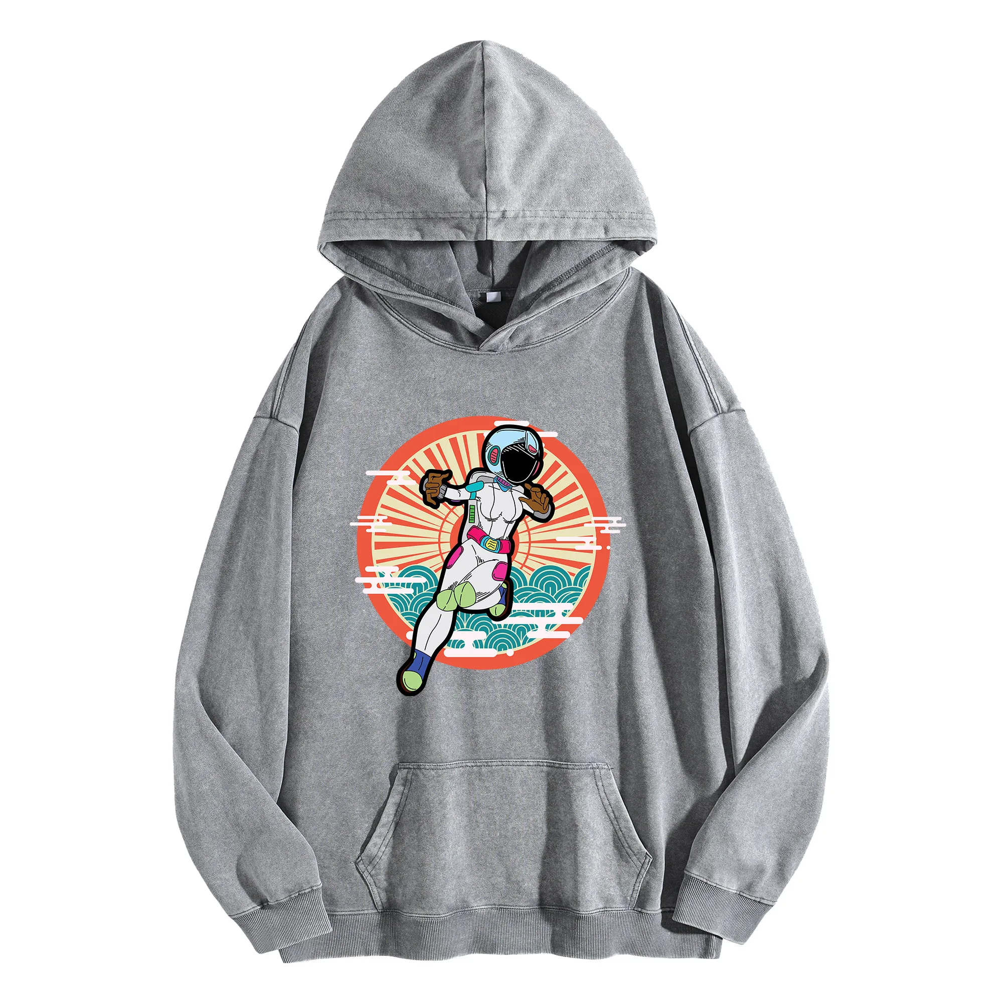 سترة بغطاء للرأس برسومات Space Vintage المغسولة 400G للجنسين كبيرة الحجم لخريف/شتاء #1
