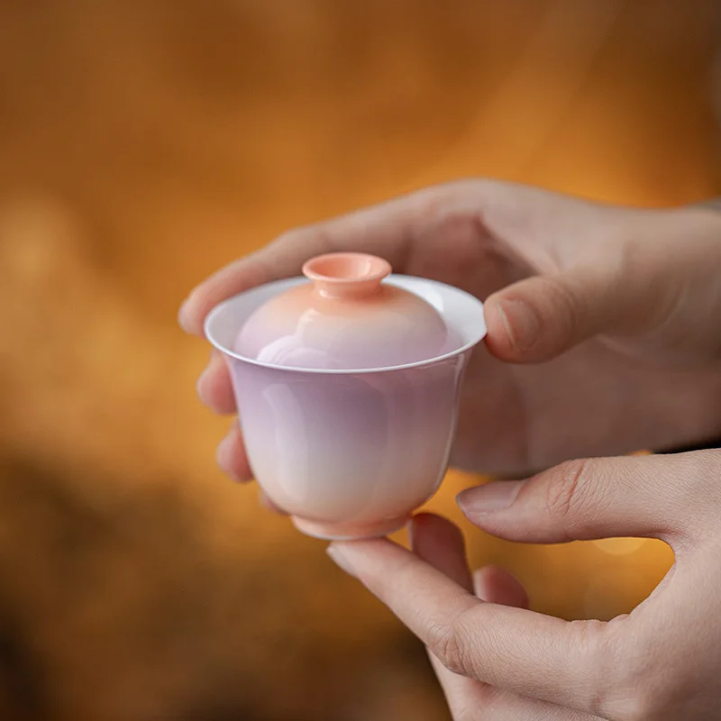 Sunset‑glow Purple Mini‑Size Gaiwan Ceramic Kung‑fu Tea Set Single Brewing Bowl Small Personal Teacup Holiday Gift