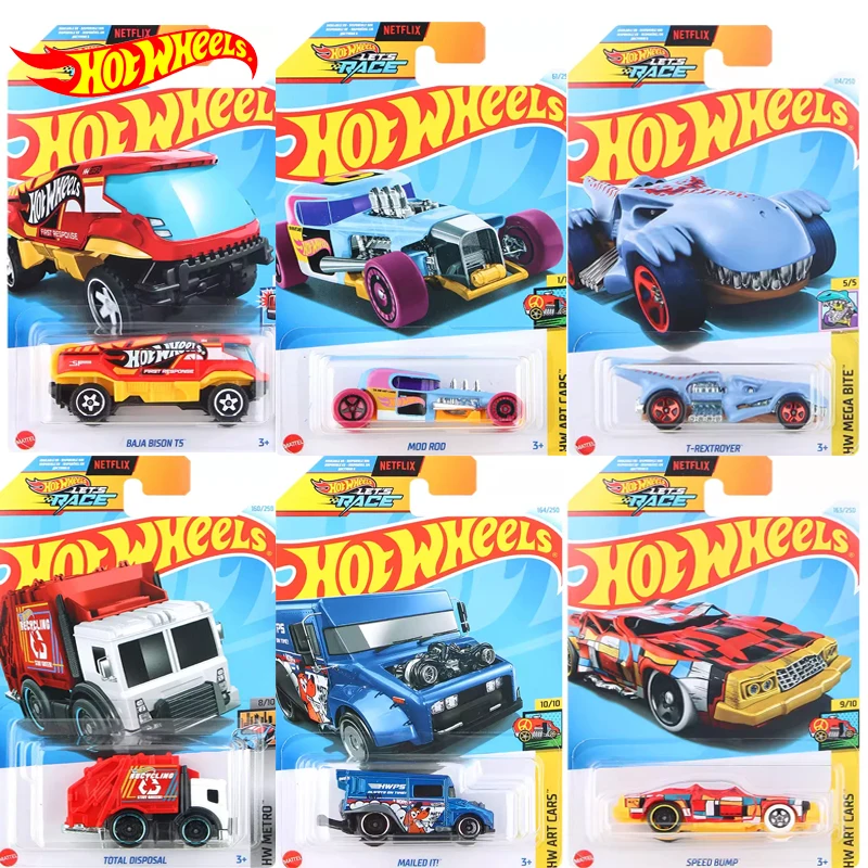 2024J Original Hot Wheels Car Let\'s Race Toys for Boys 1/64 Diecast Vehicle Baja Bison Mod Rod T-Trextroyer Total Disposal Gift