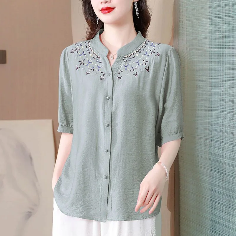 2024 New Summer Chinese Style Retro Women\'s Shirt Loose Casual Elegant Fashion Cotton Linen Embroidery Stand-up Collar Chic Tops