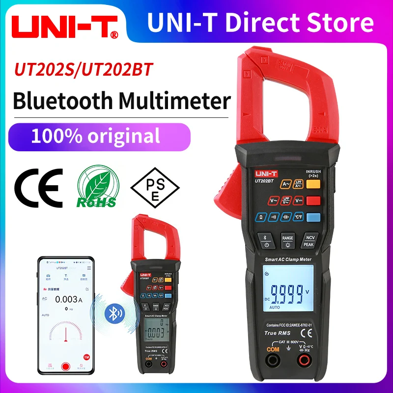 UNI-T nuevo medidor de pinza Digital UT202S UT202BT conexión Bluetooth 600A voltaje de corriente CA/CC 9999 recuentos TRMS NCV amperímetro probador