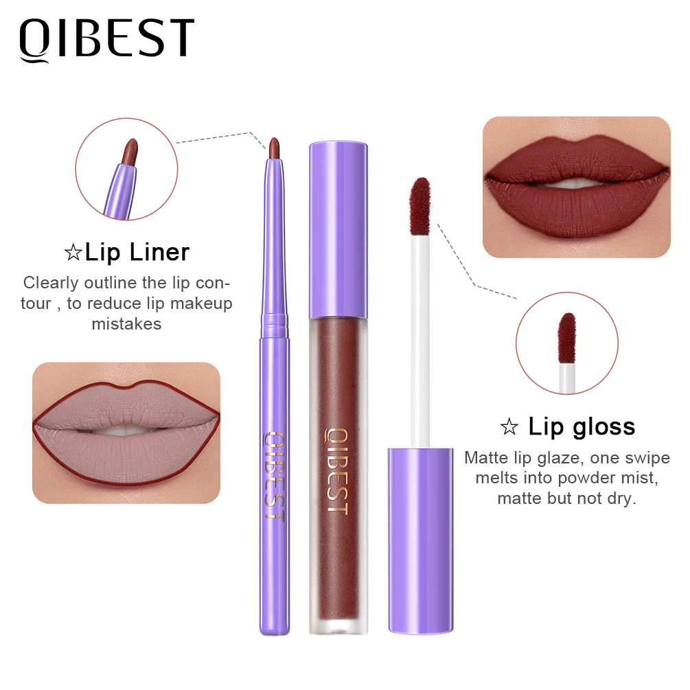 Qibest fosco batom líquido forro 2 pçs conjuntos à prova dwaterproof água sexy vermelho lipgloss lipliner kits de longa duração maquiagem batom lápis