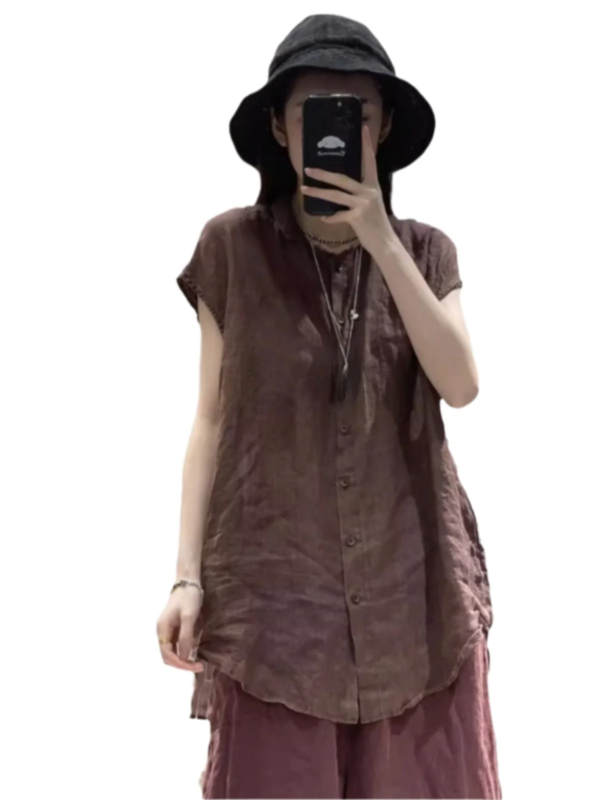 Linnen ort Sve irt Dames Zomer Lichtgewicht Bovenkleding Los Casual Veelzijdig Midi Lengte Elely Collared Cotton Line...