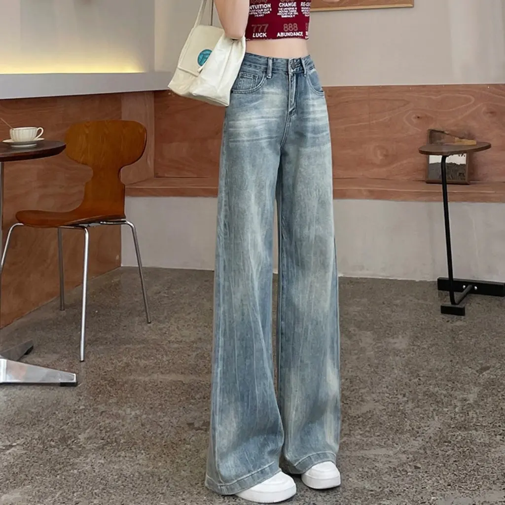 Damskie niebieskie jeansy z szerokimi nogawkami, proste, o kroju slim, długość do podłogi, luźny krój dla niskich osób, nowość na wiosnę i jesień.