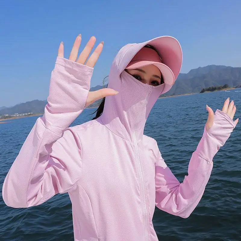 

Women Summer Ice Silk Sunscreen Clothing Breathable UV Resistant Thin Coat Female Hooded Outdoor Long Sleeved Sunscreen Tops