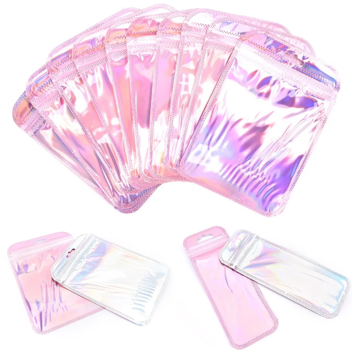 50PCS Rose Pink Laser Packaging Bag Flat Bath Salt Cosmetic Bag One Side Clear Holographic Mini Aluminum Foil Zip Lock Bag Thick