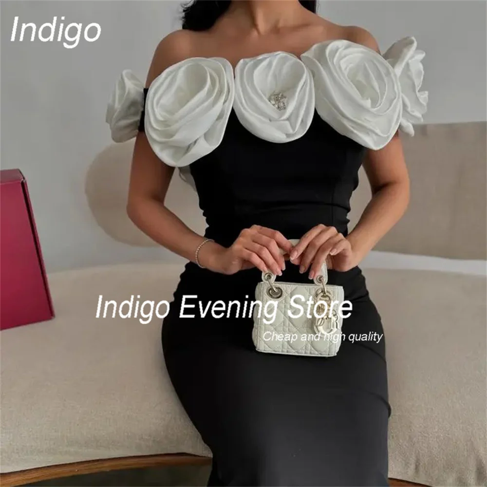 Vestido de noche de sirena moderno Indigo con hombros descubiertos, flores, sin tirantes, hasta el tobillo, vestido de fiesta para graduación, personalizado