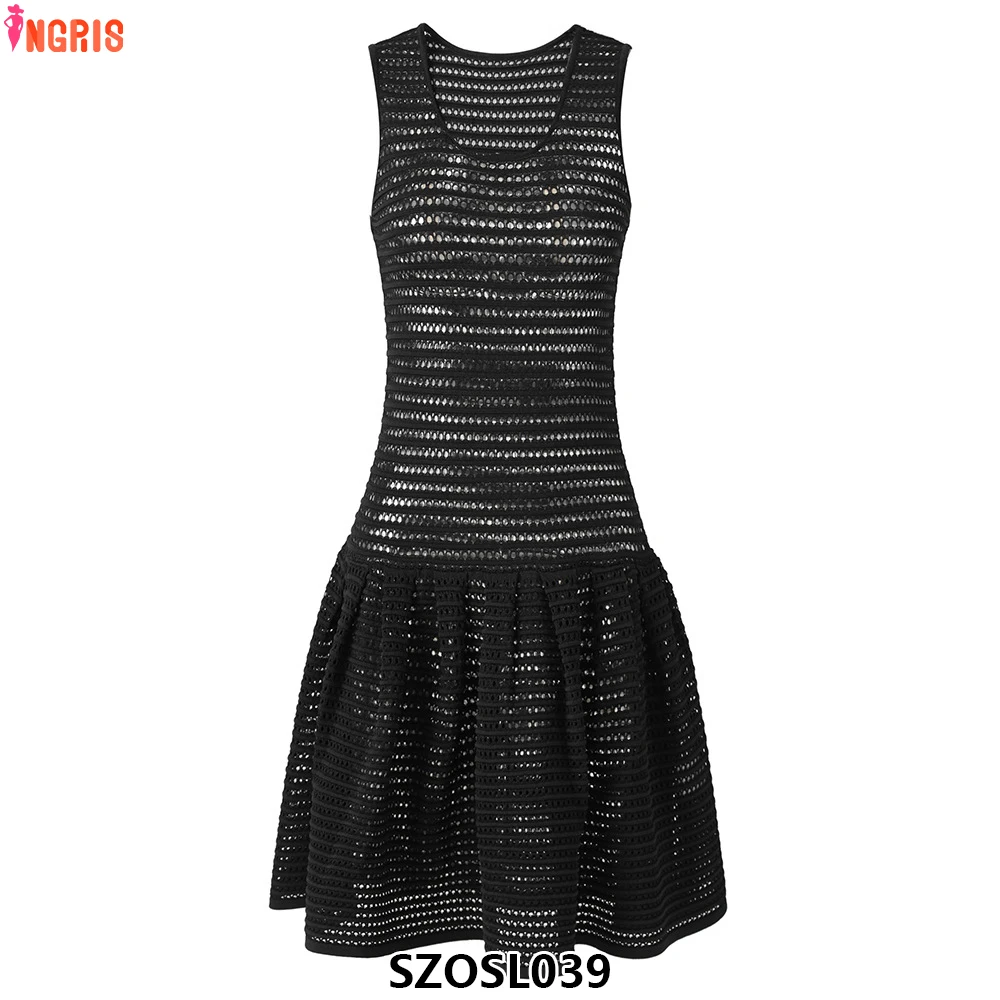 

Spot hollow ladies sexy wear o-neck sleeveless ladies solid casual knitted mini dress-SZOSL039