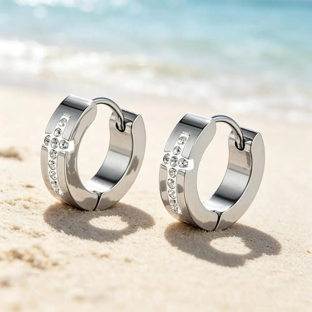 4/7MM Round Rhinestone Cross Stainless Steel Hoop Earrings For Women Men Female Male Silver Color Small Ear Buckle Party Jewelry
