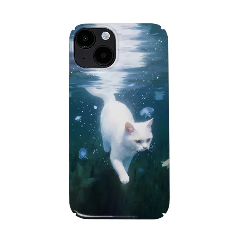 

Underwater Cartoon Little White Cat Phone Case for IPhone 16E 15 14 13 Pro Max 12 11 Pro Back CoverXS XR 7 8 PLUS SE 2020 Funda