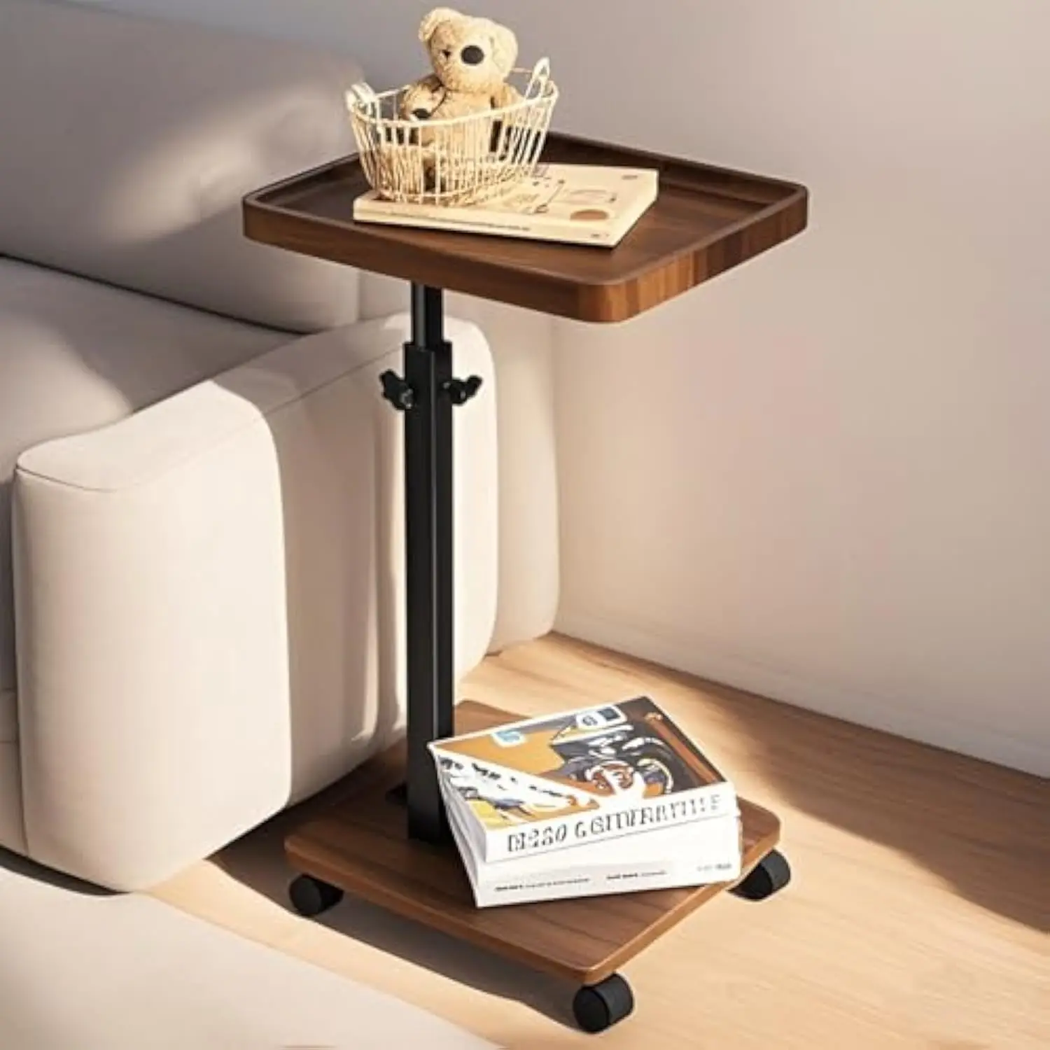 

Adjustable Height Couch Tables That Slide Under Sofa, 360° Swivel Modern Tv Tray Table with Wheel, C Shaped End Table for Couch