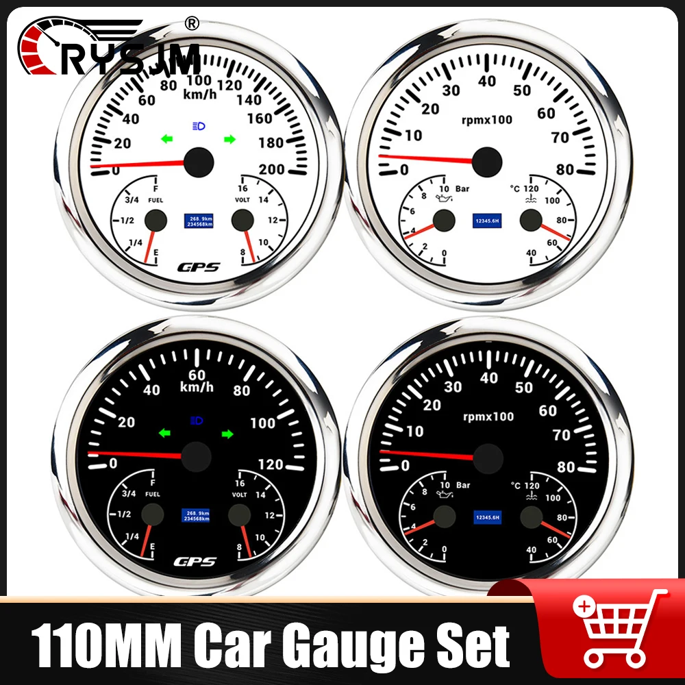 

110mm Car GPS Speedometer 120/200KMH Fuel Level Gauge Voltmeter + 8000RPM Tachometer Oil Press Water Temp Meter Optional Sensor