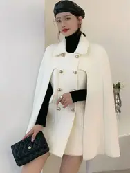 Elegant Knitted Coat European Style Lapel Double Breasted Loose Casual Thick Warm Cape Jacket Women 2024 Autumn Winter