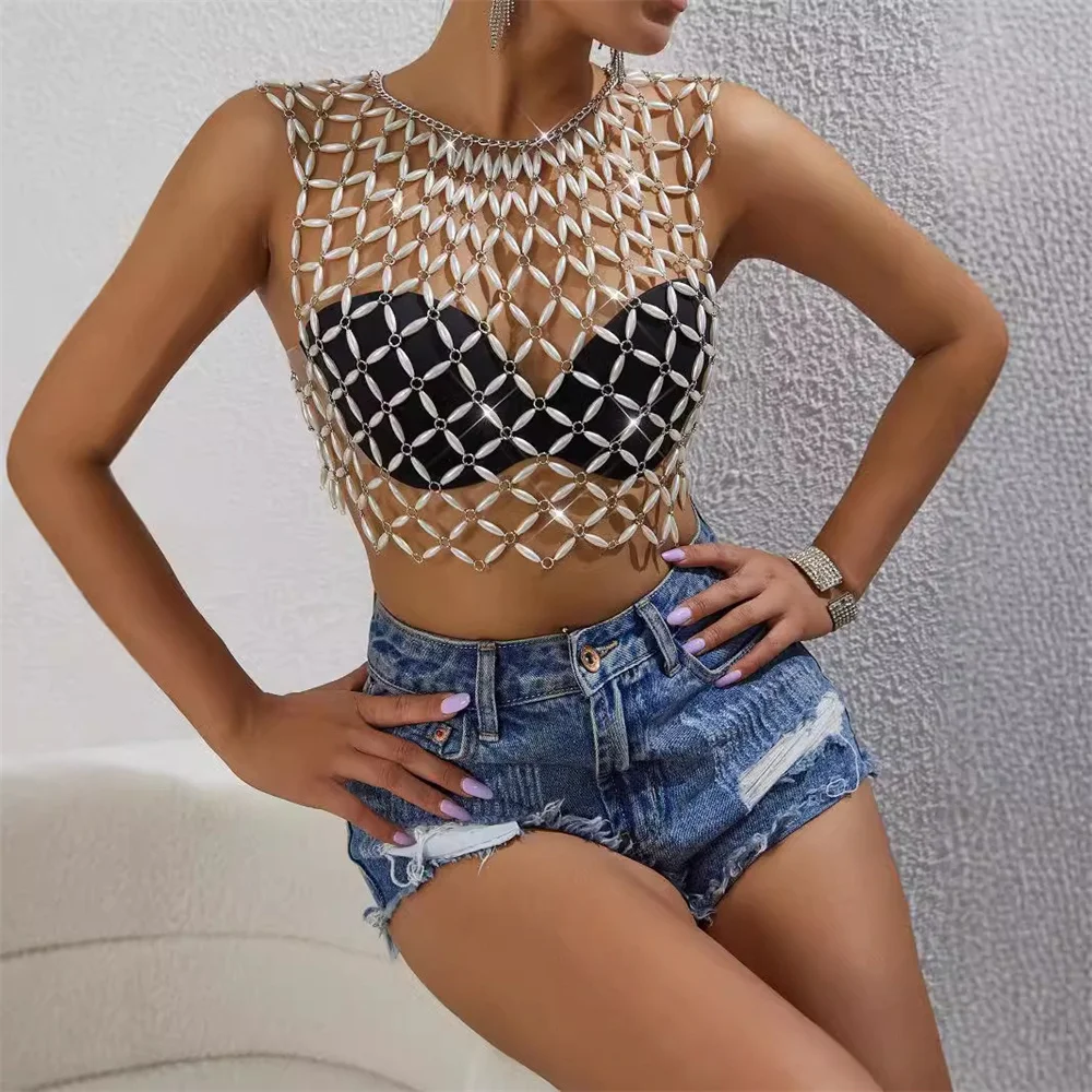 Chic Boho Faux Pearl Body Chain for Women 2024 Trendy Sexy Hollow out Bikini Chest Chain Nightclub Party Jewelry Gifts