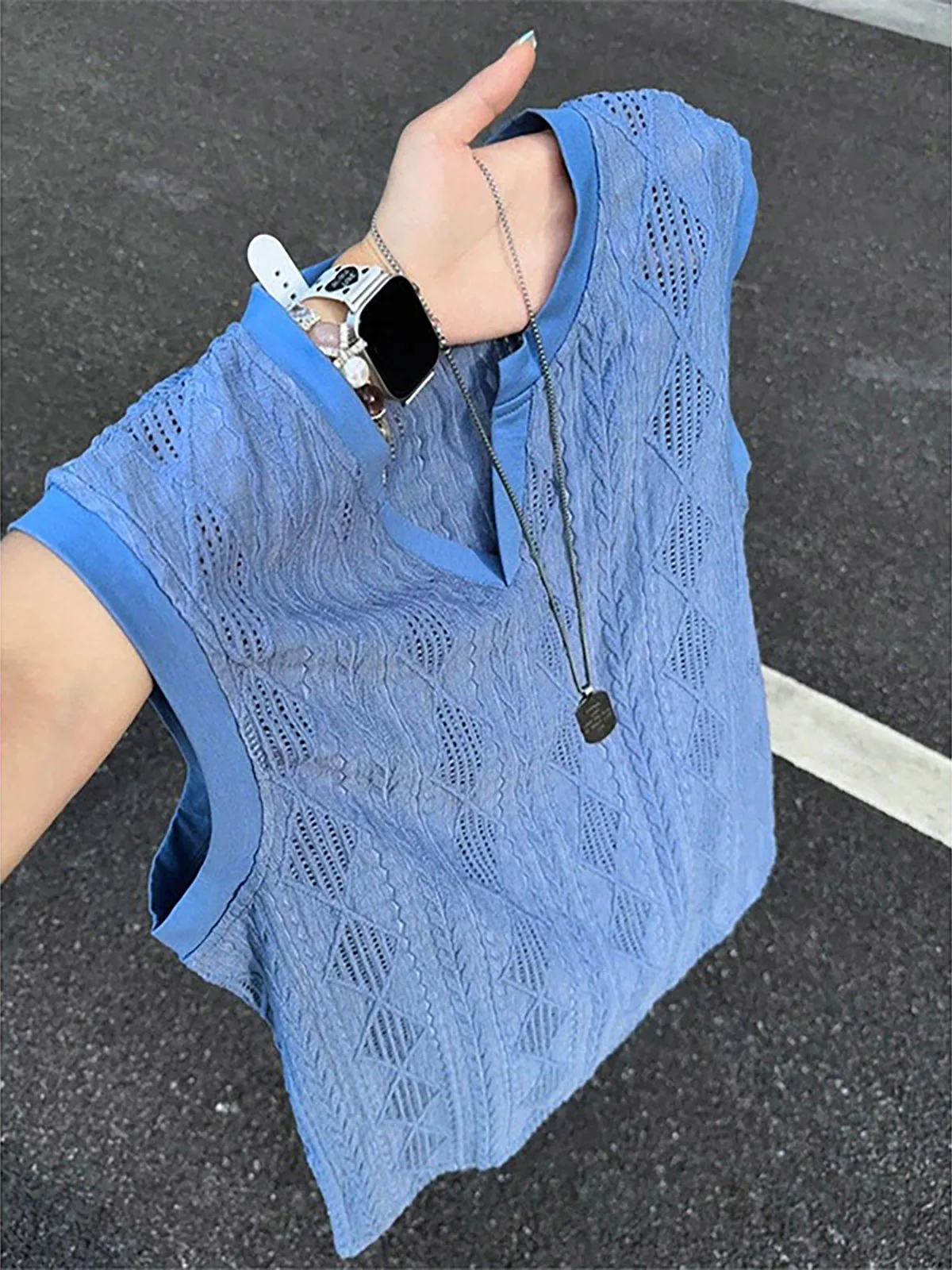 Men's Summer Knitted V-neck Sweat Vest Breathable Sleeveless T-shirt Shoulder Pad Sporty Style Casual Fashion Youth Trend