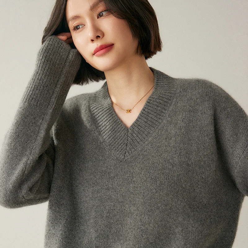 2024 Autumn Winter Women\'s 100% Cashmere Sweater V-Neck Thicken Warm Pullover Female Loose Large Size Knitted Jumper Ladies Tops