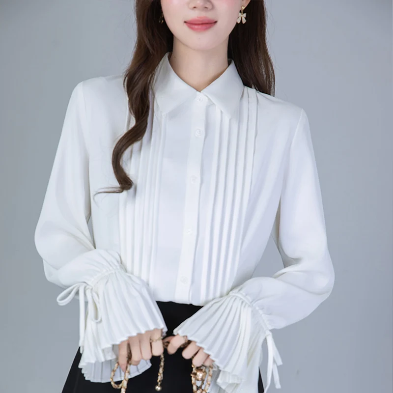 

Весенне-осенняя винтажная плиссированная женская блузка с расклешенными рукавами, новые однобортные повседневные свободные офисные рубашки во французском стиле, женские