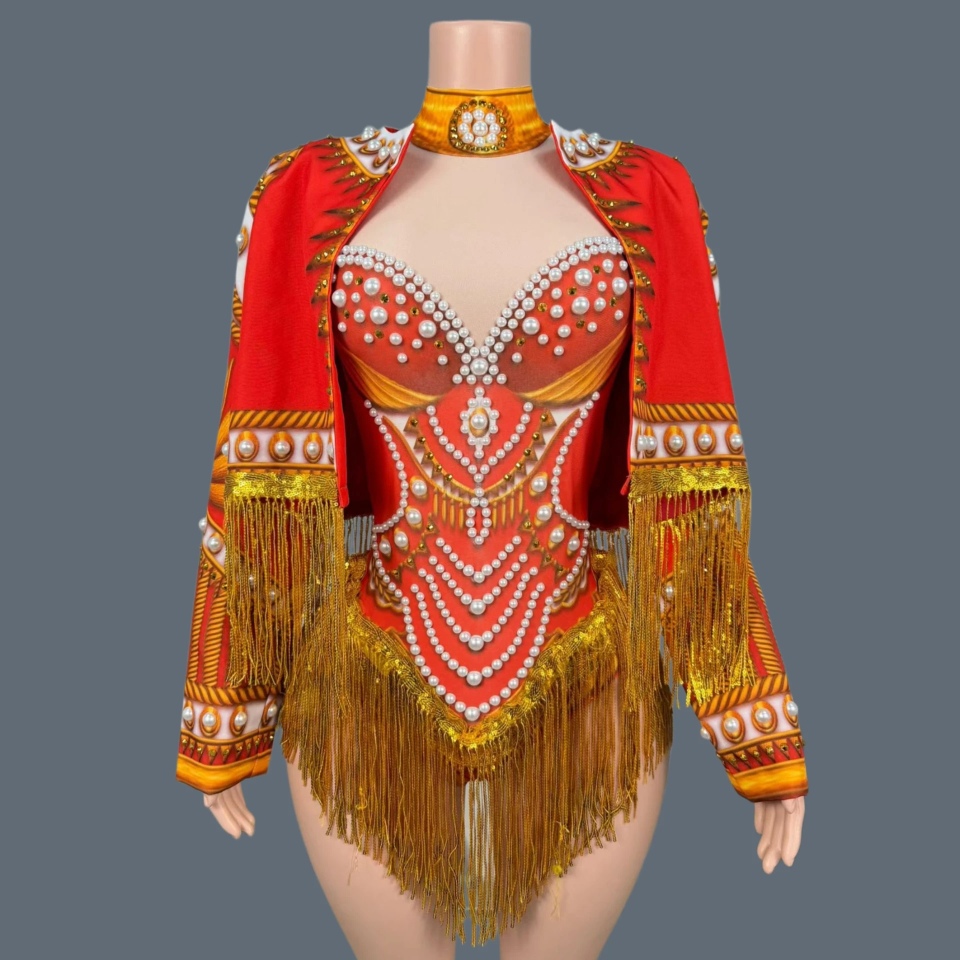 

Red Pearl Rhinestone Bodysuit Matching Fringe Long Sleeve Cape Choker Collar Carnival Samba Stage Performance Wear Set Hongse