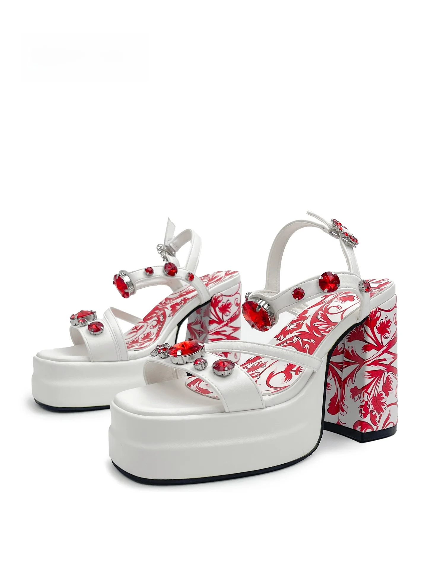 

MibVias Punk Style Women's Sandals High Heels Buckle Strap Cool Sweet Spicy Girl Red White Print Open Toe Platform Sandals